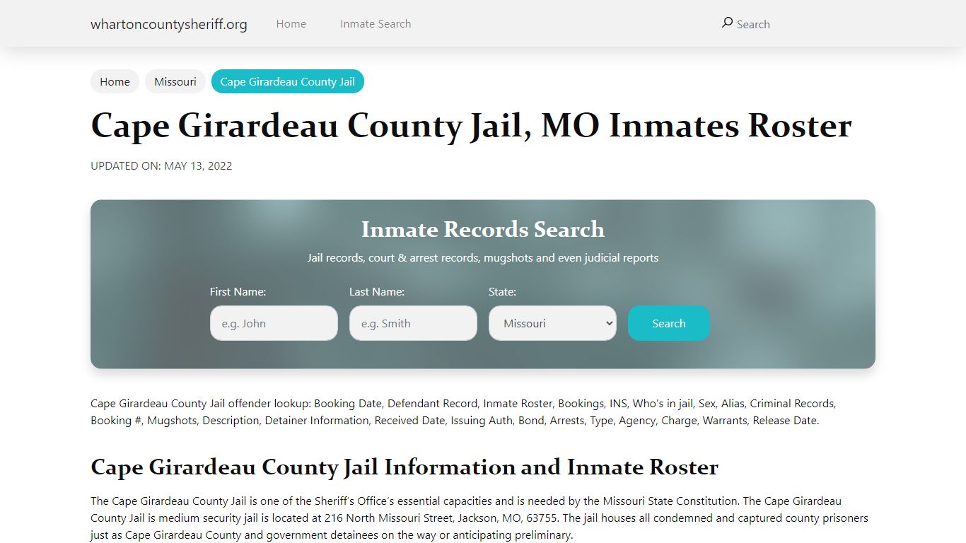 Cape Girardeau County Jail, MO Jail Roster, Name Search